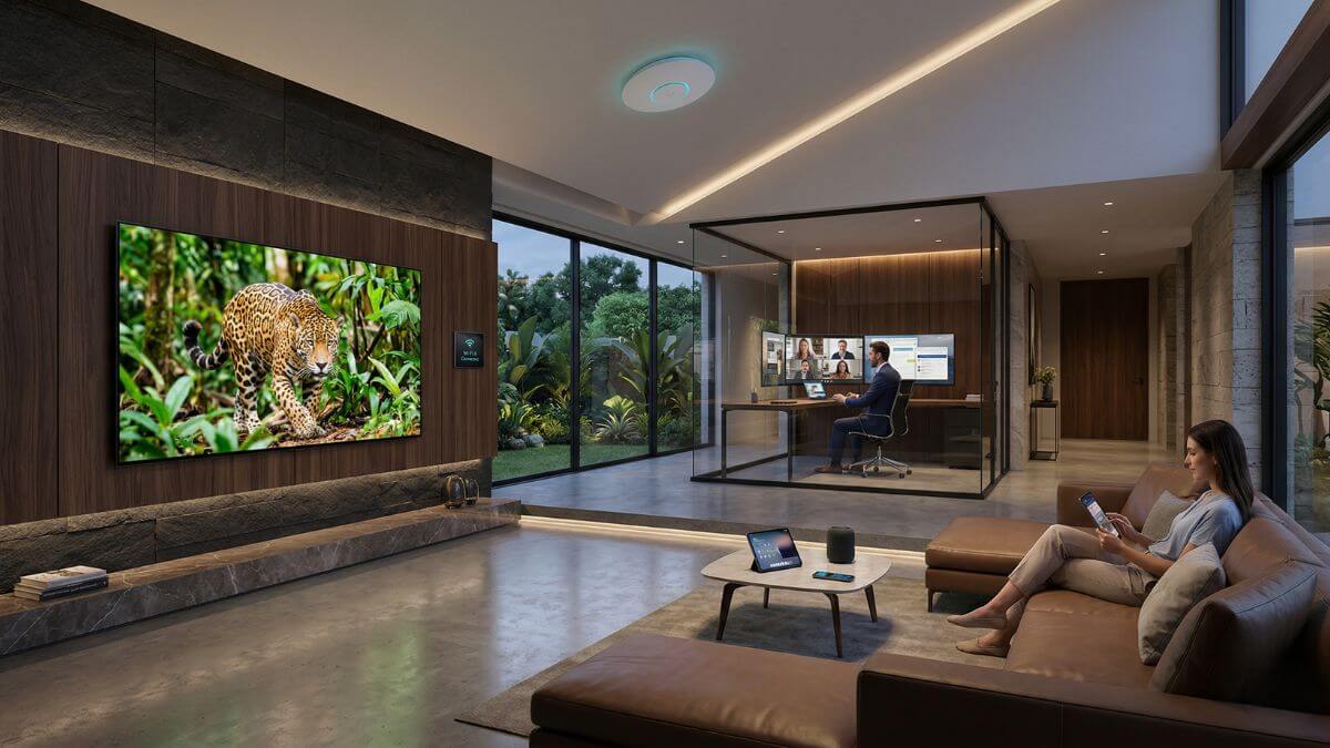 Família utilizando Wi-Fi de alta performance em múltiplos dispositivos sem interrupções em casa de luxo