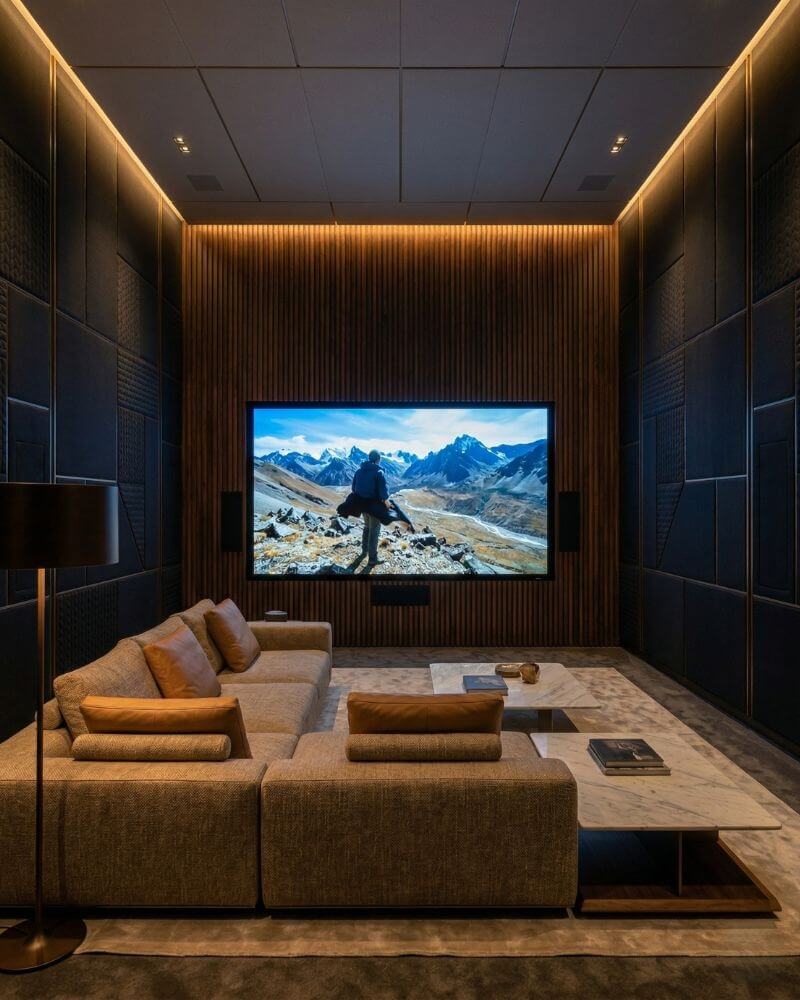 Home Cinema integrado em sala de estar de luxo com caixas de som invisíveis