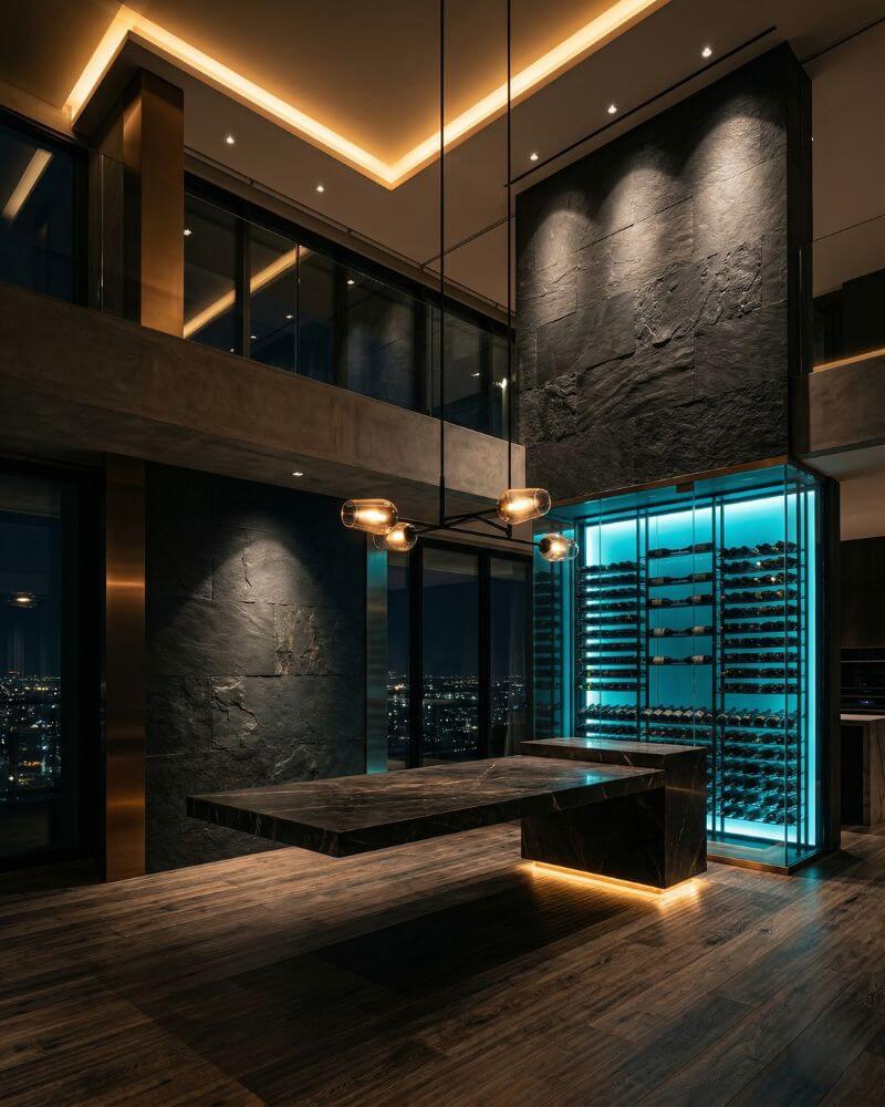 Design de iluminação automatizada em sala de jantar e adega de luxo